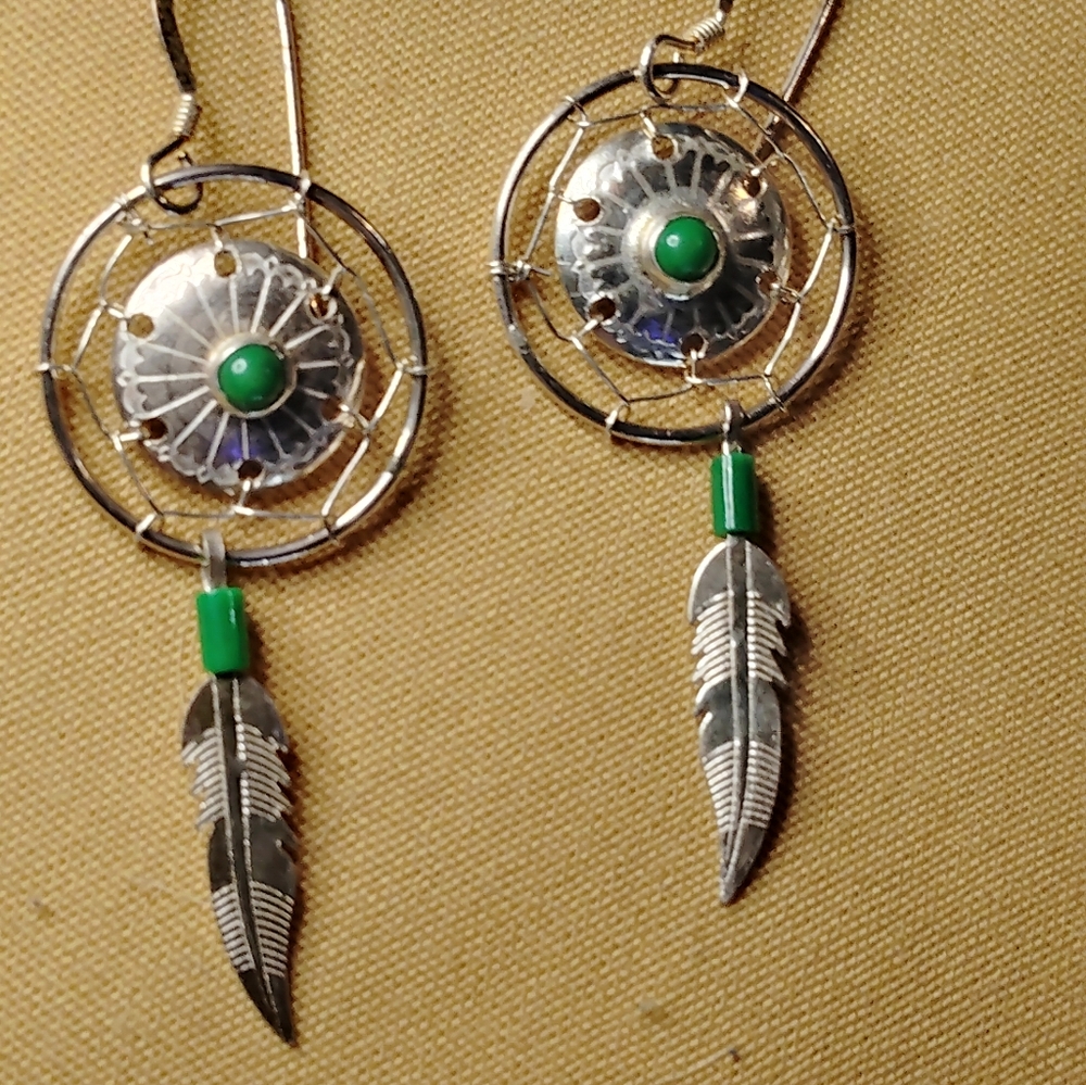 CHOOSE EITHER, BLACK OR RED ONYX/ DREAMCATCHER,  FEATHER. STERLING.1-3/4-2"